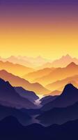 Golden Yellow and Deep Purple Minimalist Mountain Landscape Wallpaper AI Generated photo