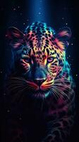 Neon Leopard on Dark Background Generative AI photo