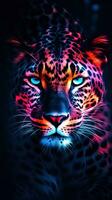 Neon Leopard on Dark Background Generative AI photo