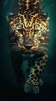 Clásico leopardo en oscuro antecedentes generativo ai foto