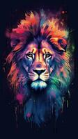 Vibrant Watercolor Lion on Dark Background AI Generated photo