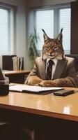 Lynx in Business Suit with Brown Accents in TaigaThemed Office AI Generated photo