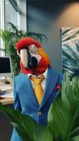 Colorful Macaw in TropicalThemed Office AI Generated photo