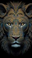 Macro Geometric Lion Face with 3D Helical Prism and Paisley Shapes AI Generated photo