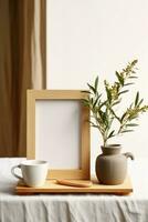 Mediterranean Breakfast Still Life with Coffee Cup Books and Empty Wooden Picture Frame Mockup on Desk photo