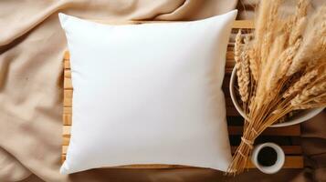 Boho Style White Cushion Mockup on Background AI Generated photo