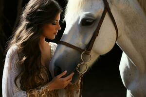 dos mujer frente a cada otro con blanco caballo en antecedentes ai generado foto