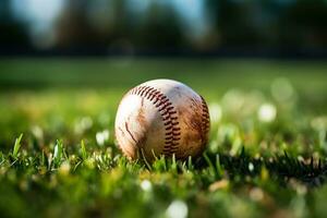 épico béisbol pelota en césped campo ai generado foto