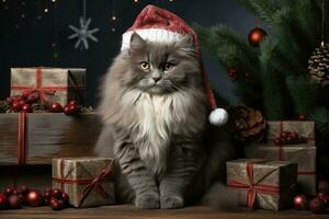 Happy Cat with Christmas Hat Among Christmas Gifts AI Generated photo