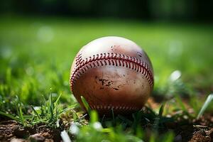 épico béisbol pelota en césped campo ai generado foto