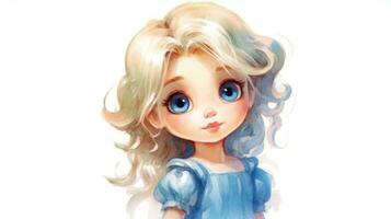 Delicate Watercolor Cartoon of a Toddler Princess with Round Face and Long Hair AI Generated photo