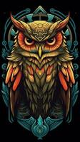 Mysterious Owl in Grungeon Style on Dark Background Generative AI photo