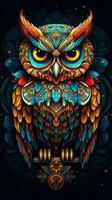 Stained Glass Owl on Dark Background AI Generated photo