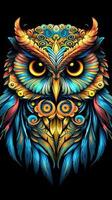 Colorful Owl in Stained Glass Style on Dark Background AI Generated photo