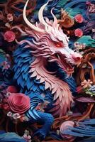 Majestic Ancient Fantasy Dragon Sitting on a Pile of Paper Cut Craft Paper Illustration AI Generated photo