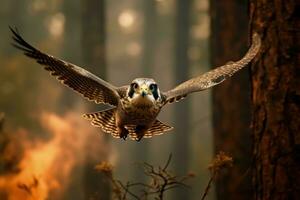 escapar desde el llamas halcón peregrino halcón huye bosque fuego foto