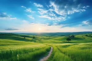 Serene Morning Walk on a Winding Path through a Lush Green Hillside photo