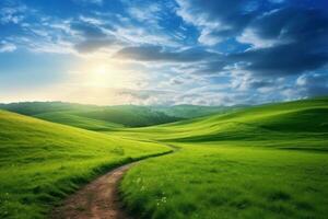 Serene Morning Walk on a Winding Path through a Green Hillside photo