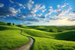 Serene Morning Walk on a Winding Path through a Lush Green Hillside photo