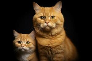 Loving Family of Yellow Cats with Their Kitten in a Studio on Black Background photo