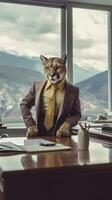 puma en un negocio traje con dorado acentos en un montañas oficina ai generado foto