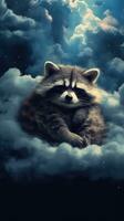 Sleeping Raccoon on a Dark Matter Art Cloud AI Generated photo