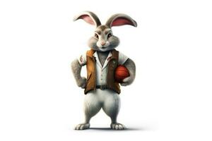 Happy White Rabbit in Basketball Uniform Posing Next to Basket photo