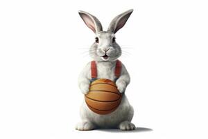 contento blanco Conejo en baloncesto uniforme posando siguiente a cesta foto