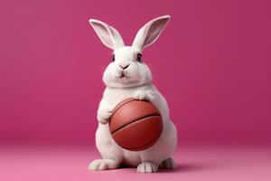 contento blanco Conejo en baloncesto uniforme posando siguiente a cesta foto