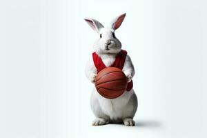 Happy White Rabbit in Basketball Uniform Posing Next to Basket photo