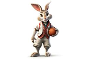 Happy White Rabbit in Basketball Uniform Posing Next to Basket photo