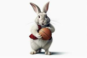 Happy White Rabbit in Basketball Uniform Posing Next to Basket photo