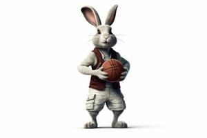 Happy White Rabbit in Basketball Uniform Posing Next to Basket photo