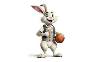 Happy White Rabbit in Basketball Uniform Posing Next to Basket photo