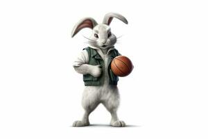 Happy White Rabbit in Basketball Uniform Posing Next to Basket photo