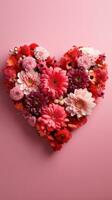 Love Blossoms Red Flowers in Heart Shape on Pink Background Generative AI photo
