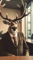 Elegant Reindeer in Business Attire in a WinterThemed Office AI Generated photo