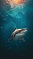Clásico tiburón en oscuro antecedentes ai generado foto