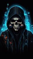 Cyber Punk Skull Wearing Black Hoodie AI Generated photo