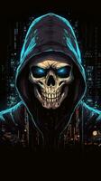 Cyber Punk Skull Wearing Black Hoodie AI Generated photo