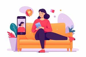 Happy Young Woman Using Smartphone on Couch photo