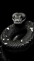 pulcro negro y blanco serpiente en oscuro antecedentes generativo ai foto