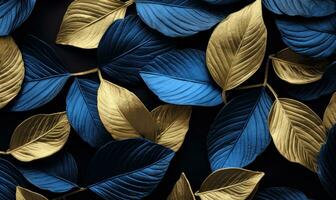 Blue Leaves with Gold Accents on Black Background AI Generated photo