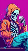Vibrant Streetwear Skeleton with Cigarette and Smartphone AI Generated photo
