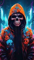 Super Dope Laid Back Killer Skeleton Streetwear in Cyberpunk Colors AI Generated photo