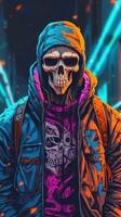 Super Dope Laid Back Killer Skeleton Streetwear in Cyberpunk Colors AI Generated photo