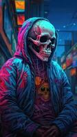 súper droga puesto espalda asesino esqueleto ropa de calle en cyberpunk colores ai generado foto