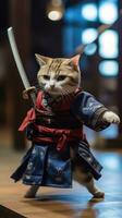 Adorable Kitten in Samurai Costume Practicing Swordplay on Stage AI Generated photo