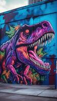 Vibrant Graffitilike Colors of a TRex Against a Dark Urban Wall AI Generated photo