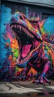 Vibrant Graffiti Artwork of a TRex Against a Dark Urban Wall AI Generated photo